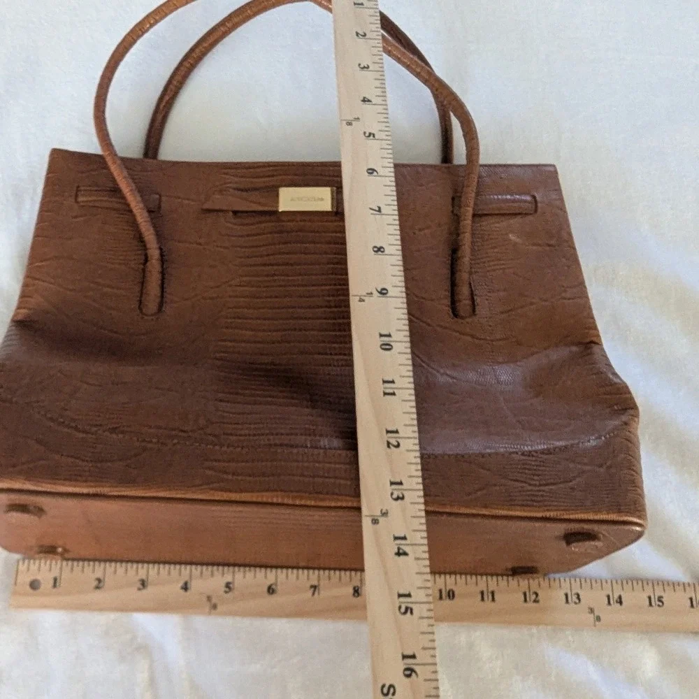 Vtg Ann Taylor Brown Cognac‎ Embossed Leather Satchel Bag Structured Work Tote